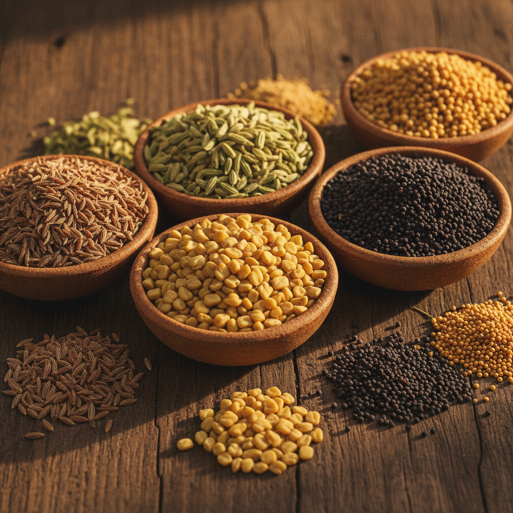 Five whole spices that make up panchforan — cumin, fennel, fenugreek, nigella and mustard seeds arranged in ceramic bowls on a dark wooden surface