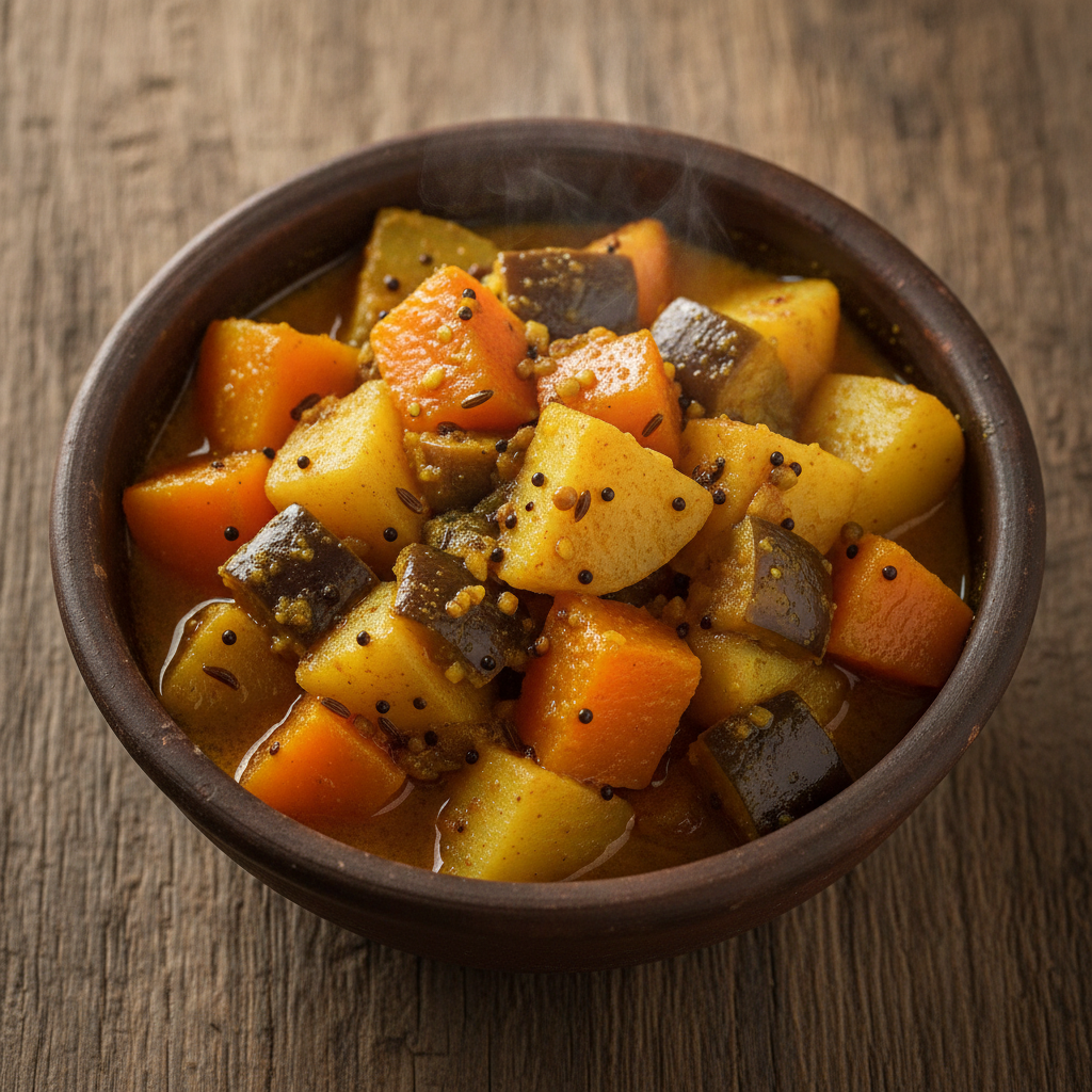 Bengali panchforan tarkari mixed vegetable curry tempered with five-spice blend in a clay bowl
