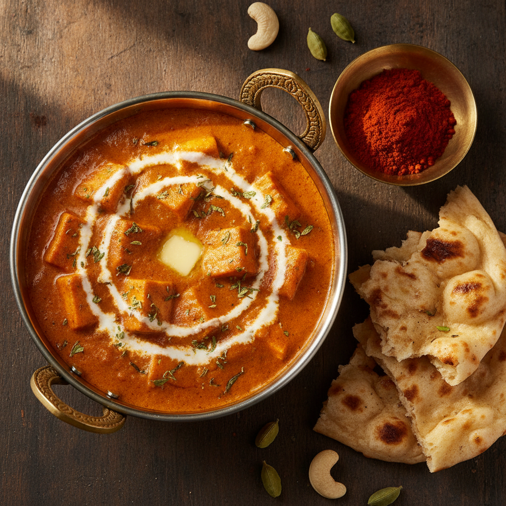 Creamy paneer butter masala in a brass kadai with butter naan, Kashmiri chilli powder, cashews and green cardamom