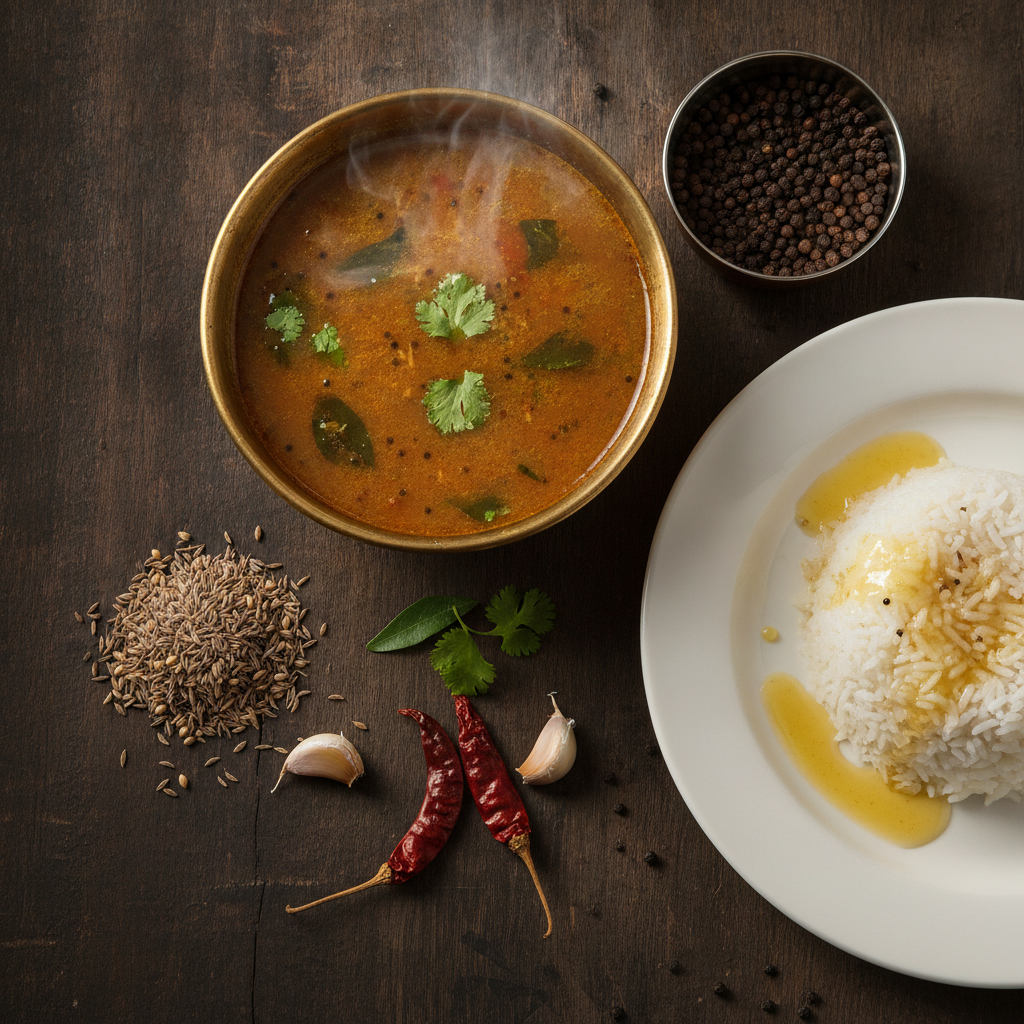 Brass bowl of South Indian pepper rasam with curry leaves and coriander, black peppercorns, cumin seeds, dried red chillies, garlic and rice with ghee