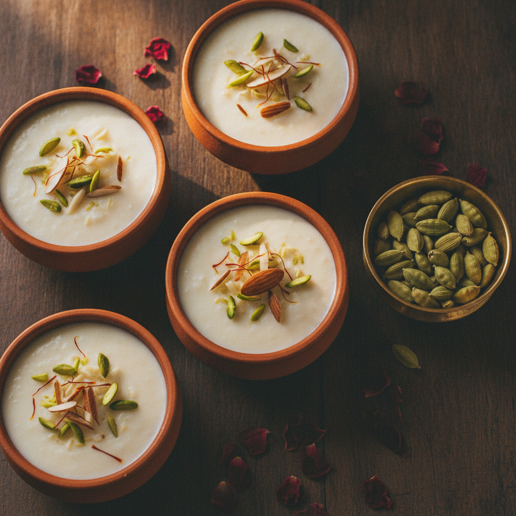 Creamy phirni in terracotta bowls topped with pistachios, almonds and saffron, with a brass bowl of green cardamom pods