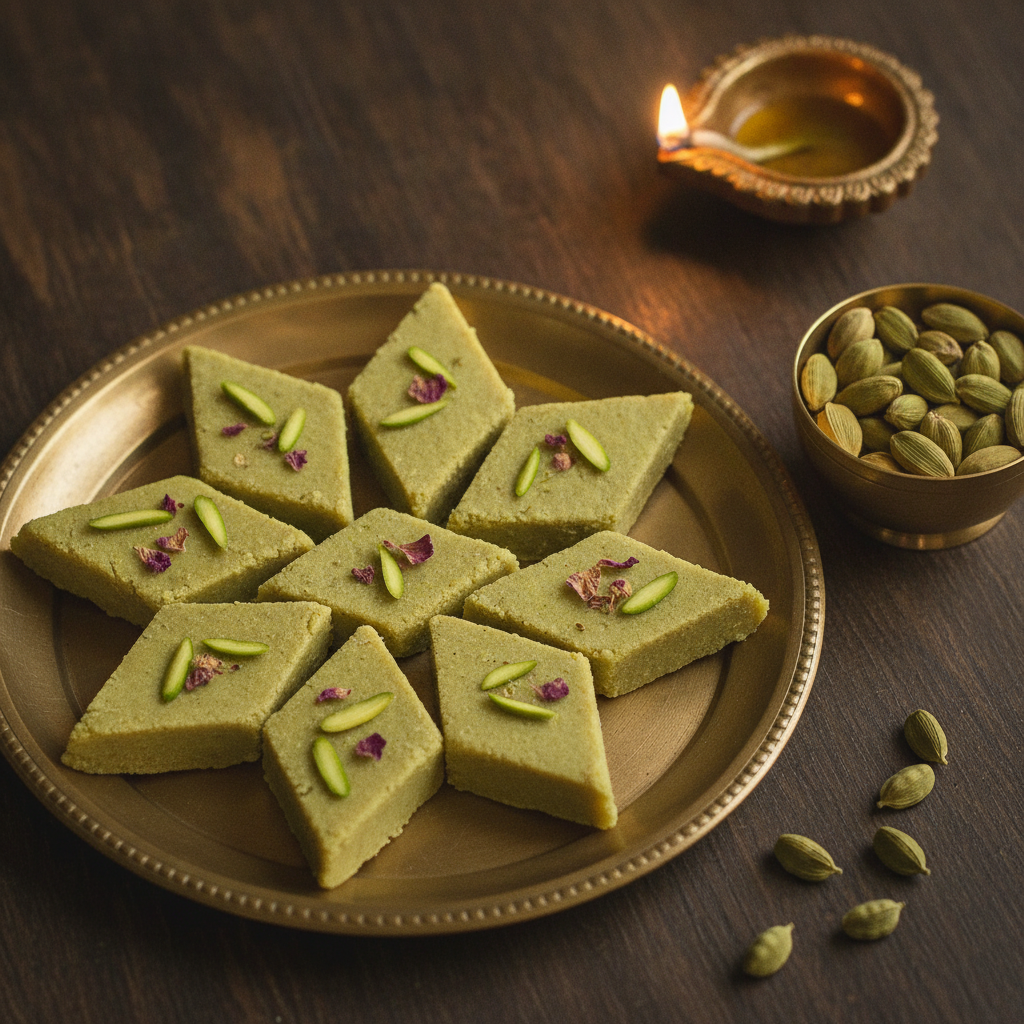 Homemade pista barfi diamonds topped with slivered pistachios on a brass plate with green cardamom and a Diwali diya