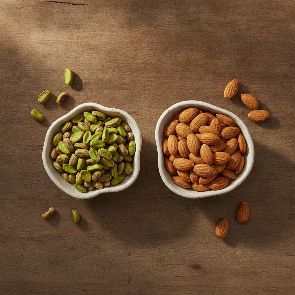Bowls of shelled pistachios and raw almonds side by side on a wooden table