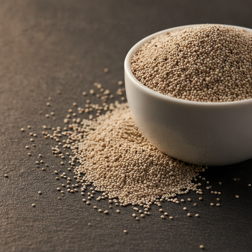 Small ceramic bowl filled with fresh ivory-white posta dana poppy seeds on dark slate, ODM Masala