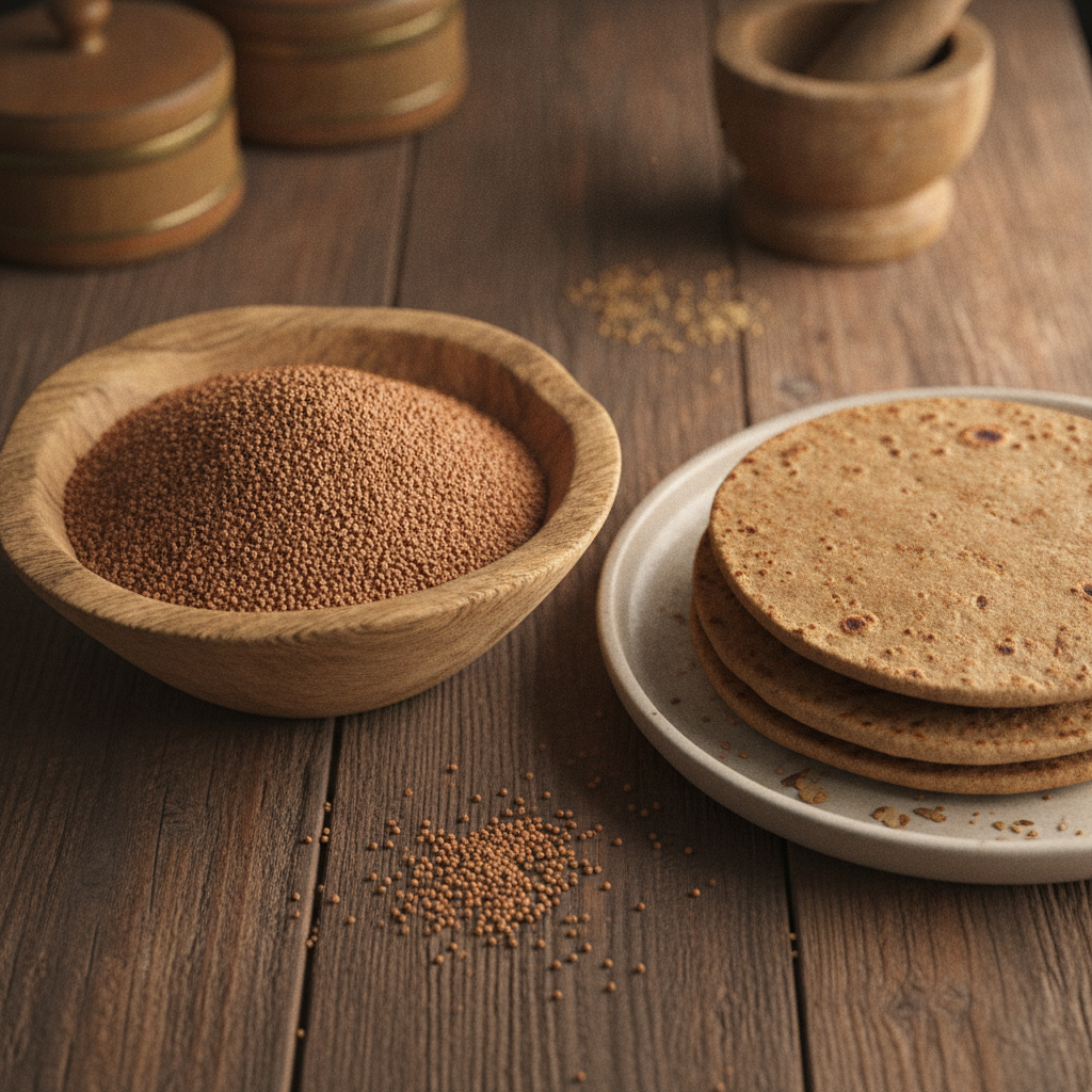 Ragi atta finger millet flour in a wooden bowl with soft ragi rotis, showing fine reddish-brown texture