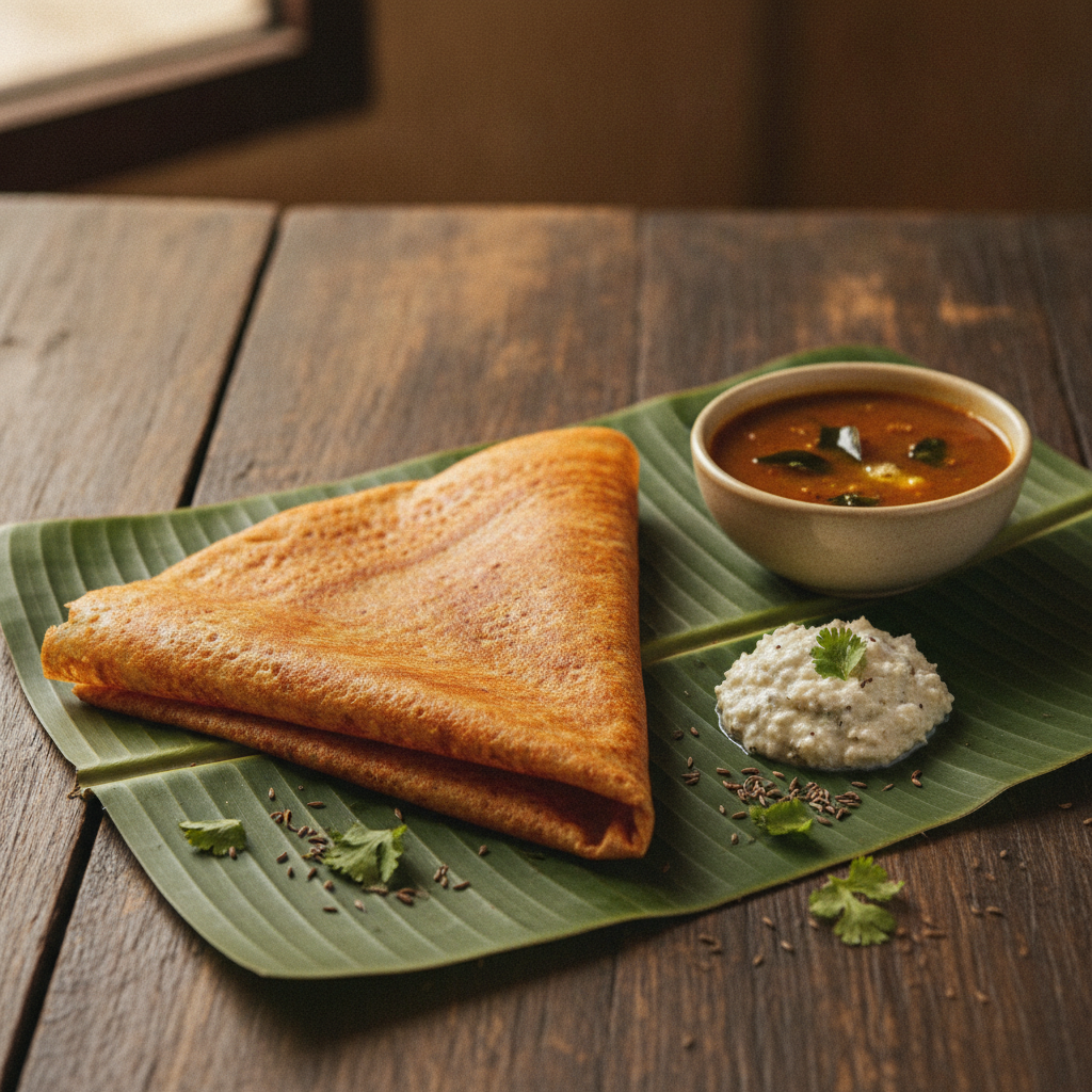 Crispy golden ragi dosa on a banana leaf with coconut chutney
