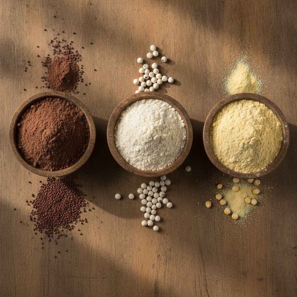 Ragi, jowar and makai millet flours in rustic bowls