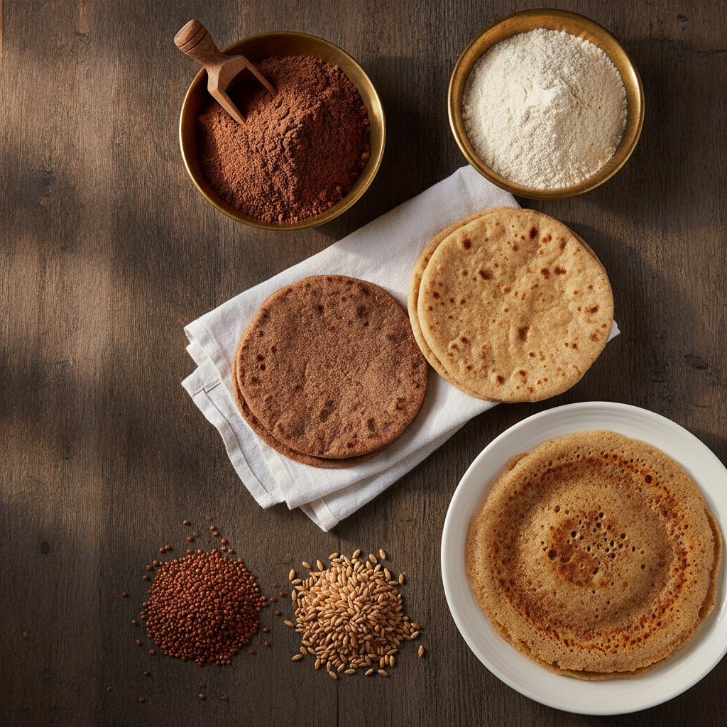 Bowls of ragi flour and wheat flour with ragi and wheat rotis, a ragi dosa and finger millet and wheat grains on a wooden table