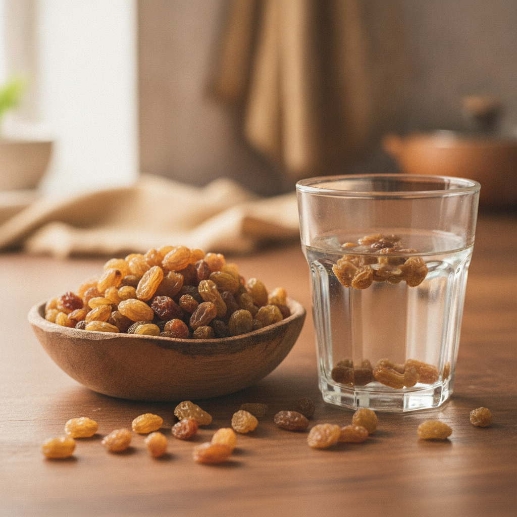 Bowl of premium ODM Masala raisins (kismis) with a glass of soaking water on a wooden table