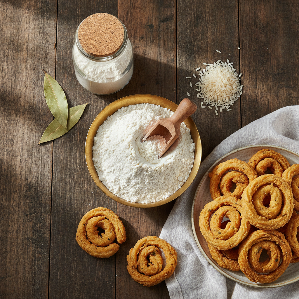 Brass bowl of fine white rice flour with wooden scoop, glass jar of rice flour, raw rice grains, bay leaves and a plate of crispy chakli on dark wood