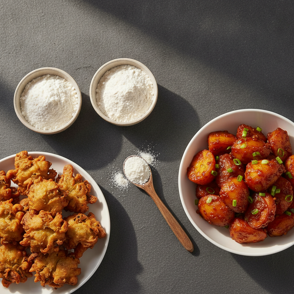 Two white bowls of rice flour and cornflour on a slate surface beside a plate of crispy fried pakoras and a bowl of glossy chilli potato