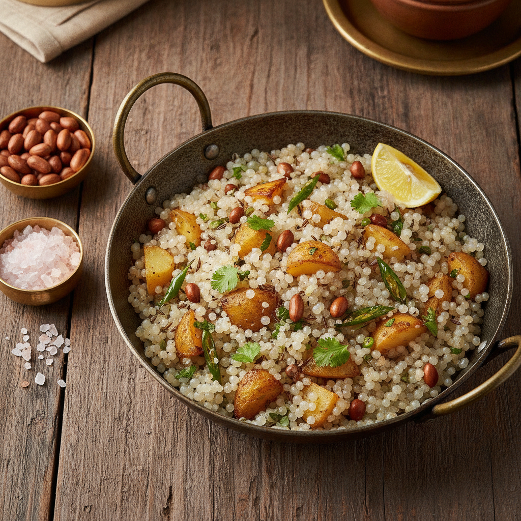 Sabudana khichdi in a kadhai with separate translucent sago pearls, golden potato cubes, roasted peanuts, cumin seeds and coriander, with a bowl of sendha namak beside it