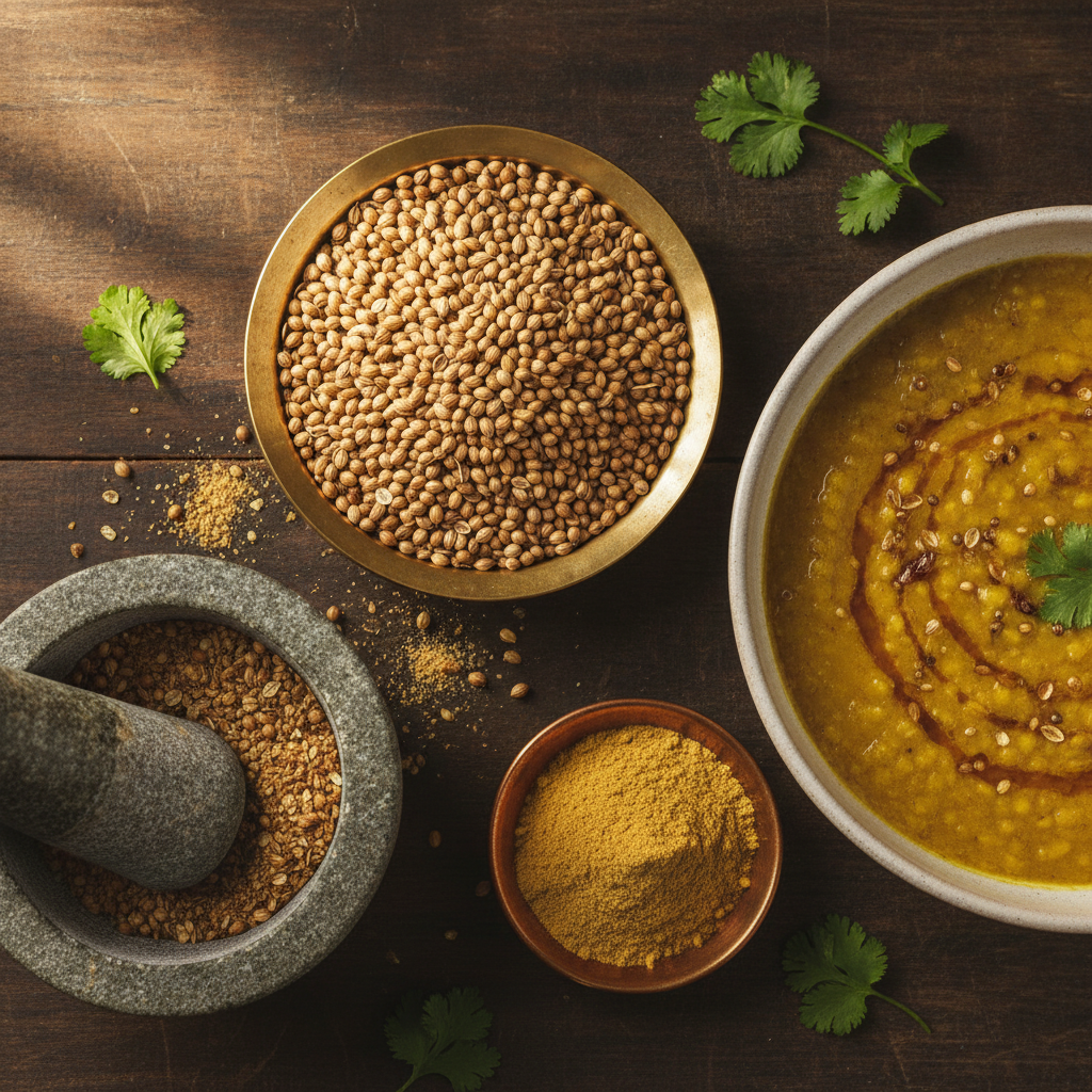 Whole coriander seeds in a brass bowl, crushed seeds in a stone mortar, coriander powder and dal tadka on dark wood