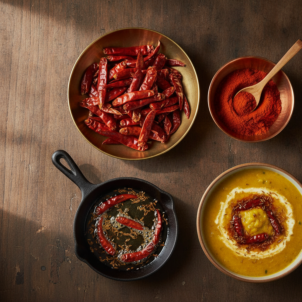 Whole dried red chillies beside red chilli powder, a tadka pan of red chillies and cumin, and a bowl of dal with chilli tadka