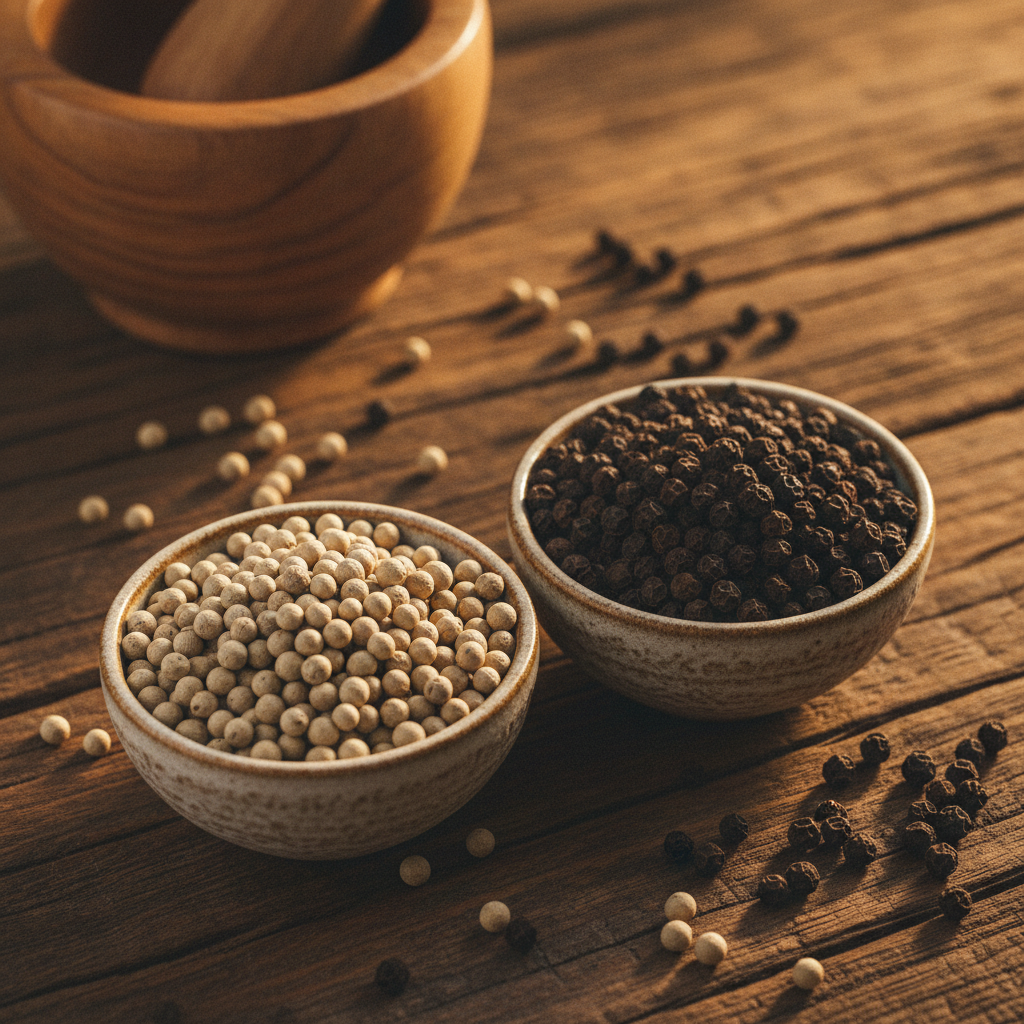 White peppercorns and black peppercorns side by side in ceramic bowls on a wooden surface — Safed Mirch vs Kali Mirch comparison