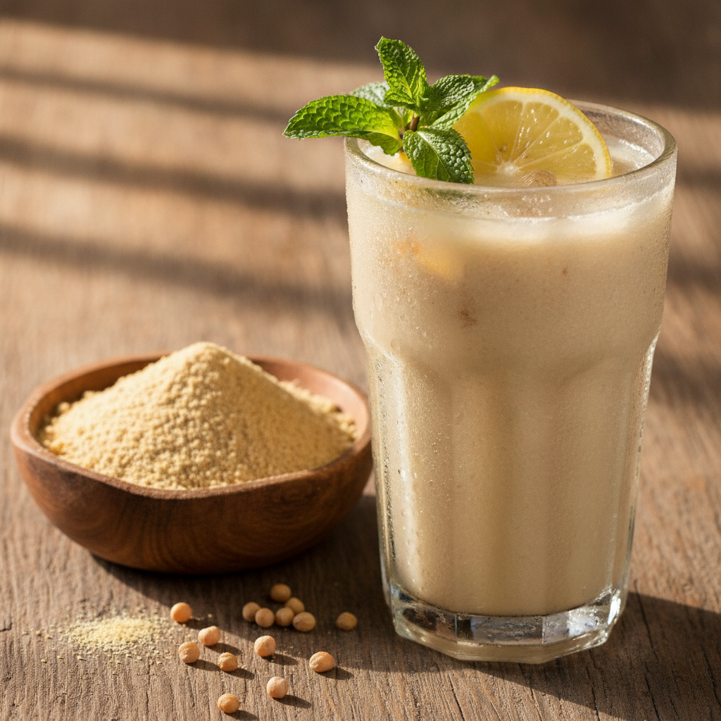 Chilled sattu sharbat in a tall glass with lemon slice and mint, beside a bowl of sattu flour — ODM Masala summer drink recipe