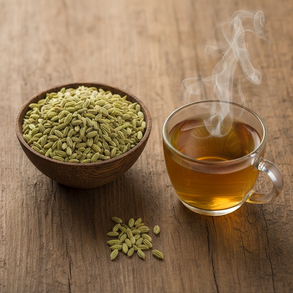 A rustic bowl of fennel seeds (saunf) with a cup of fennel tea, warm natural light