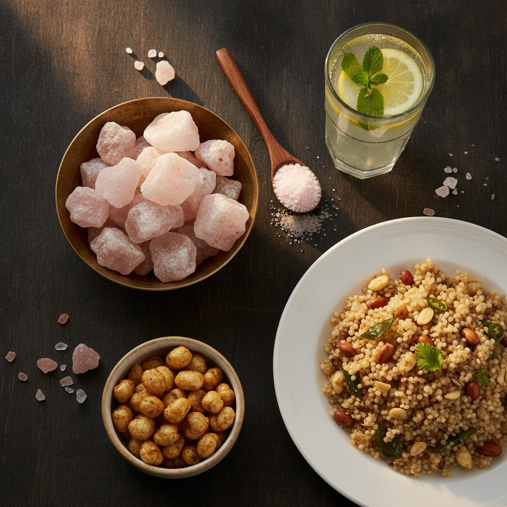 Brass bowl of pink sendha namak rock salt crystals with a spoon of rock salt powder, nimbu pani, roasted makhana and sabudana khichdi on a dark wooden table