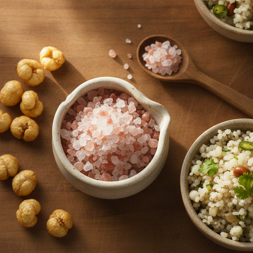 Bowl of pink sendha namak rock salt crystals with a wooden spoon and vrat fasting food on a wooden kitchen surface