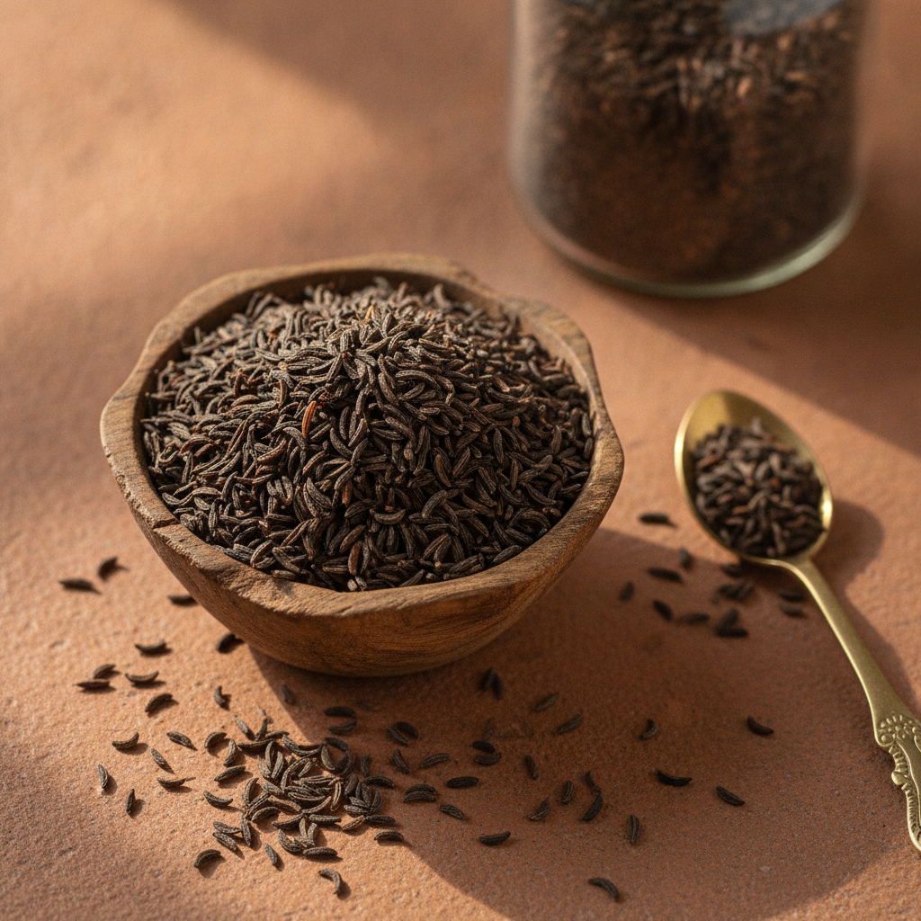 Fine dark curved shahi jeera (black cumin) seeds in a wooden bowl with a glass storage jar behind