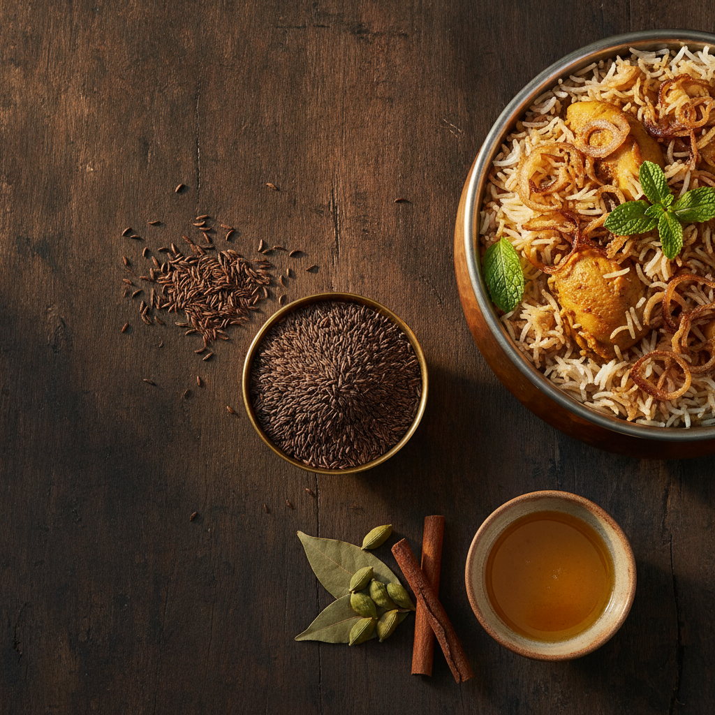 Brass bowl of thin dark shahi jeera black cumin seeds beside a copper handi of chicken biryani, ghee, bay leaves, cardamom and cinnamon on dark wood