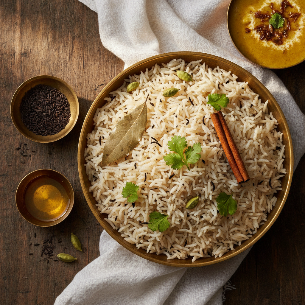 Brass bowl of fluffy shahi jeera rice with black cumin seeds, bay leaf, cardamom and cinnamon, served with dal tadka