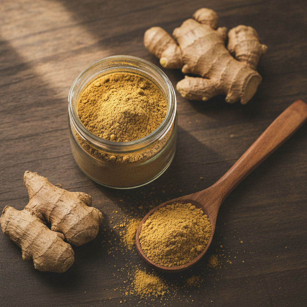 A jar of golden-brown ODM sonth dry ginger powder with a wooden spoon and dried ginger pieces