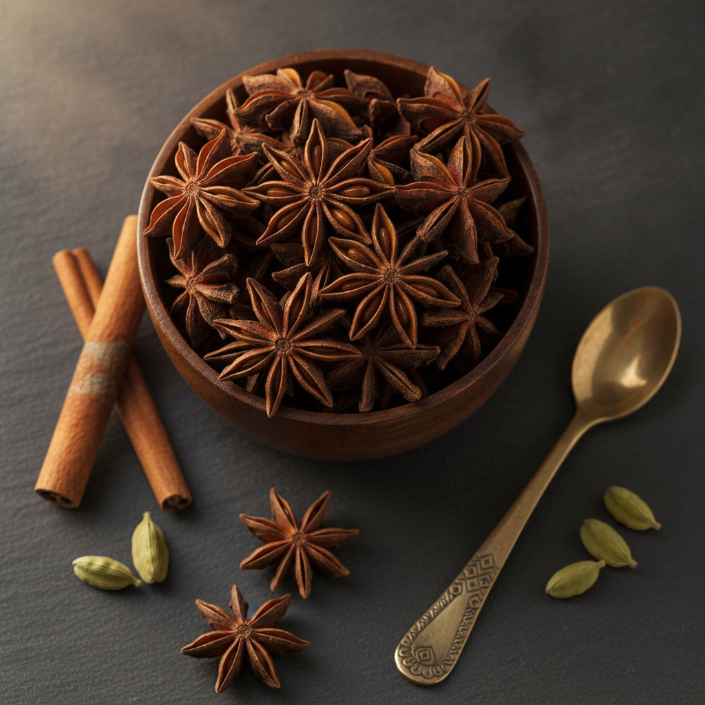 Whole star anise pods (chakri phool) in a wooden bowl with cinnamon and green cardamom on a dark slate surface