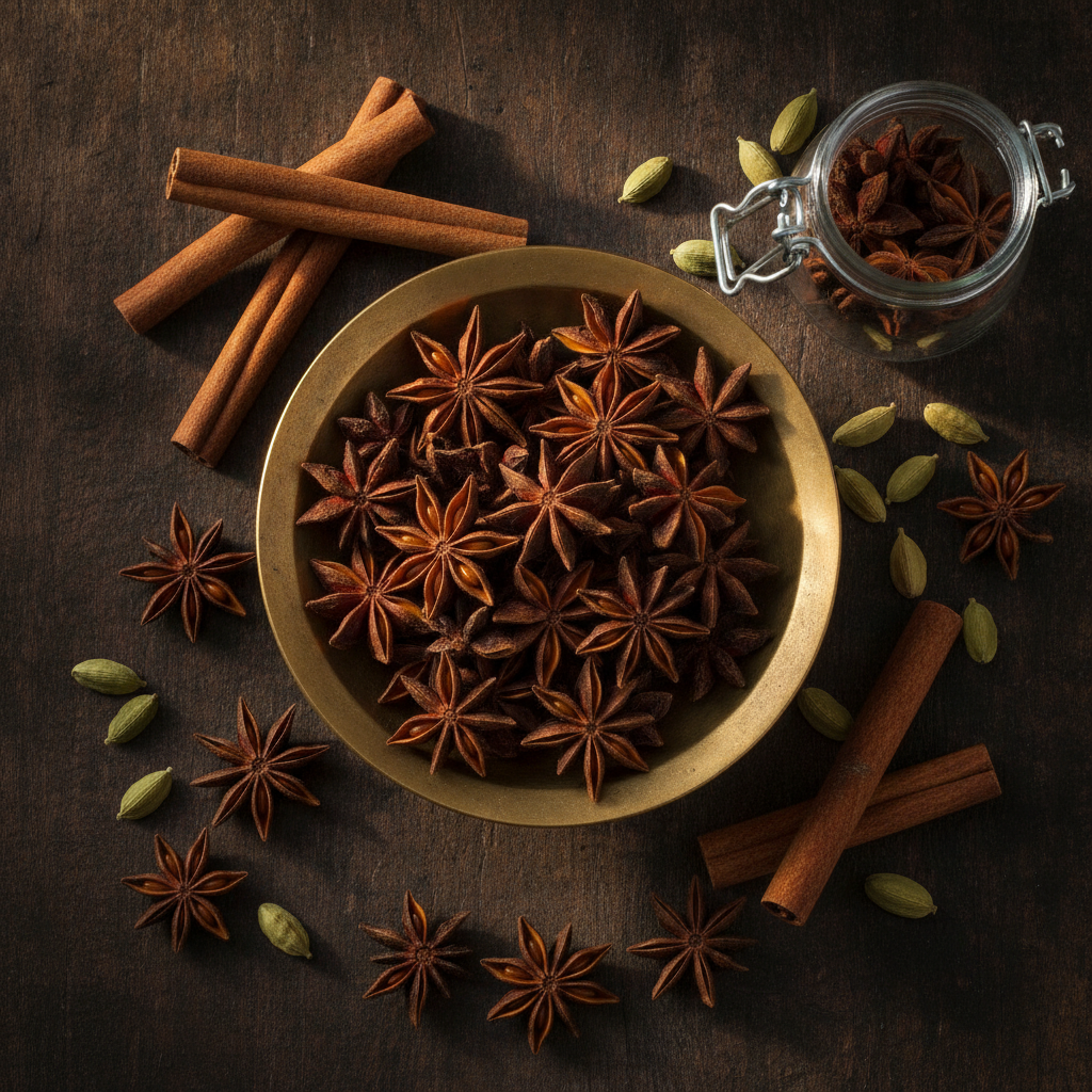 Whole star anise pods in a brass bowl with a glass storage jar, cinnamon sticks and green cardamom on a dark wooden table