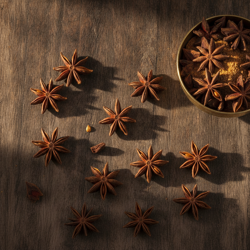 Whole star anise (chakri phool) pods on a wooden table with a small bowl, ODM Masala