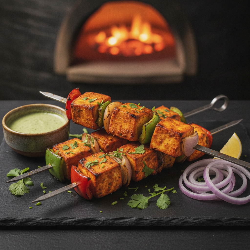 Restaurant-style tandoori paneer tikka skewers marinated with Kashmiri mirch powder, char-grilled and garnished with mint chutney