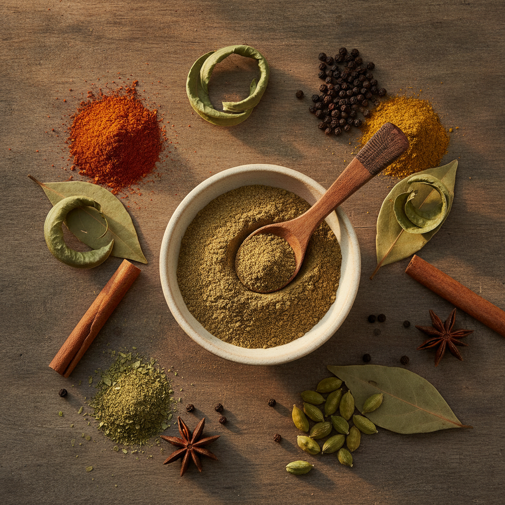 Dried tej patta bay leaves with bay leaf powder in a terracotta bowl on a wooden surface