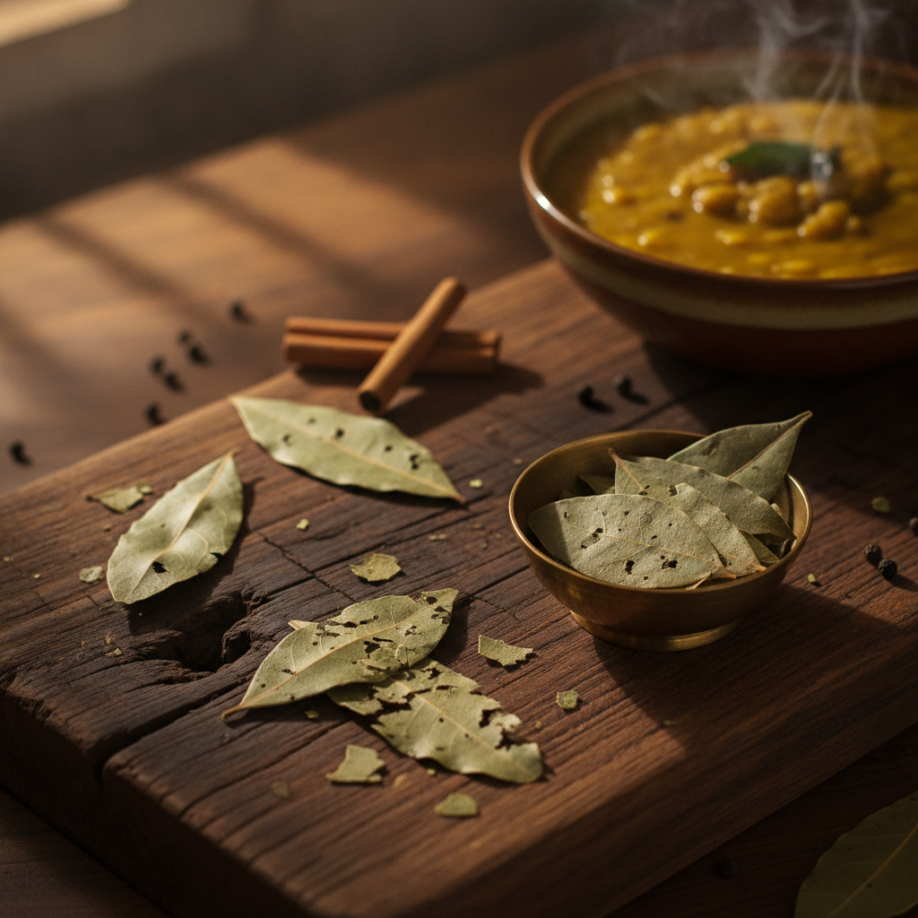 Whole dried tej patta (Indian bay leaves) on a wooden board beside a brass bowl, with a bowl of dal in the background