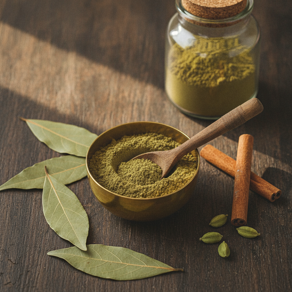 Brass bowl of olive-green tej patta powder with wooden spoon, dried Indian bay leaves, cinnamon sticks and green cardamom on a wooden table