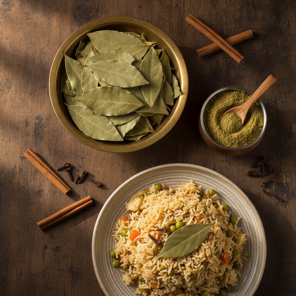 Whole tej patta leaves in a brass bowl beside tej patta powder and a plate of vegetable pulao