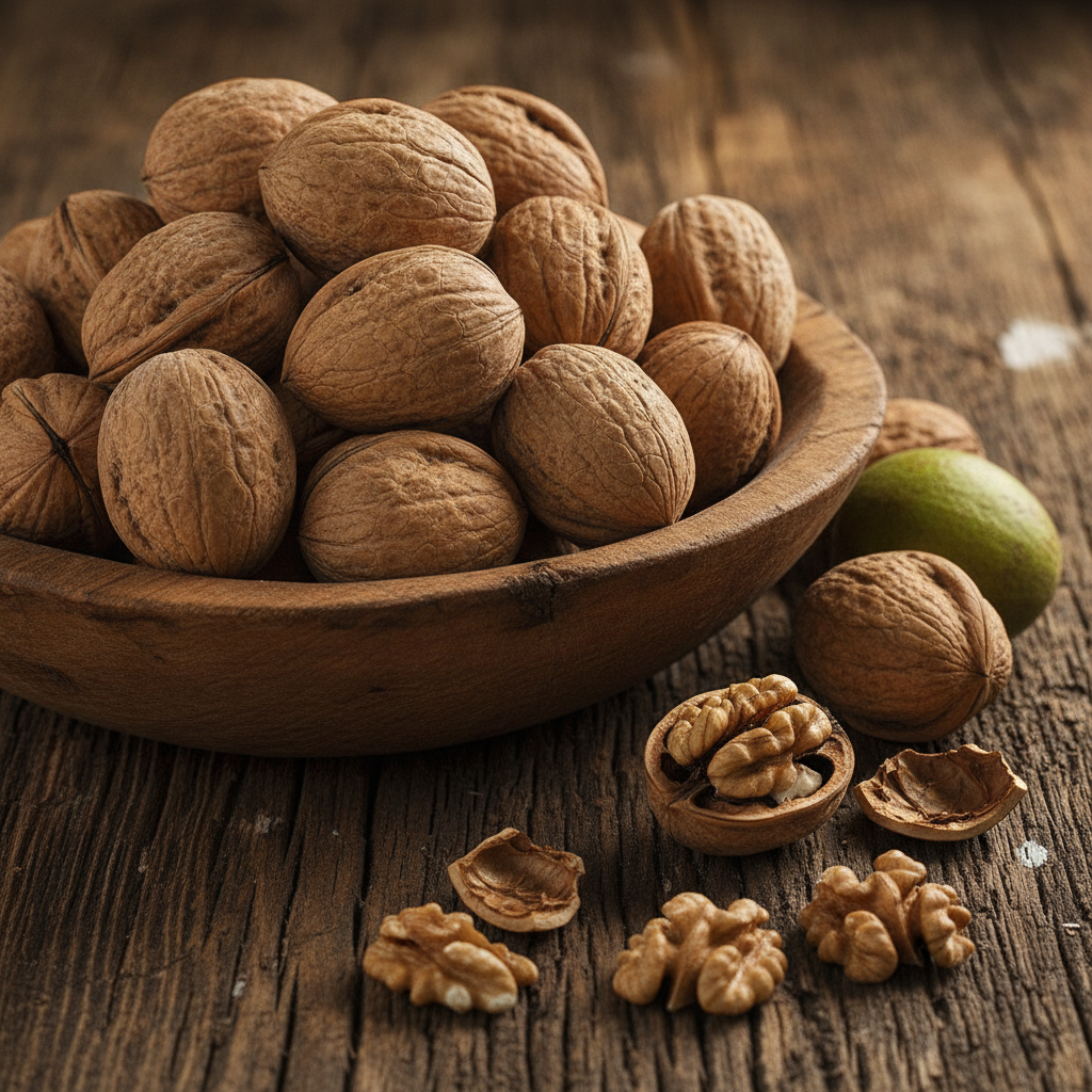 A wooden bowl filled with whole and halved walnuts on a rustic wooden surface