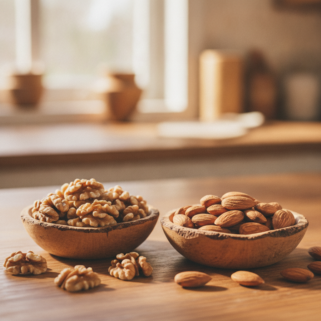 Walnuts and almonds in rustic wooden bowls, side by side comparison