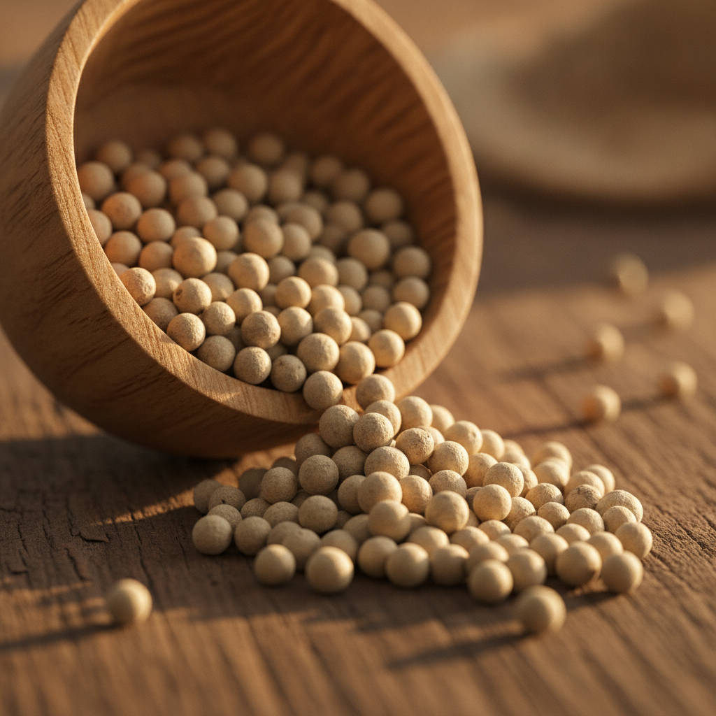 Whole white peppercorns (safed mirch) in a wooden bowl with scattered peppercorns on a dark wood surface