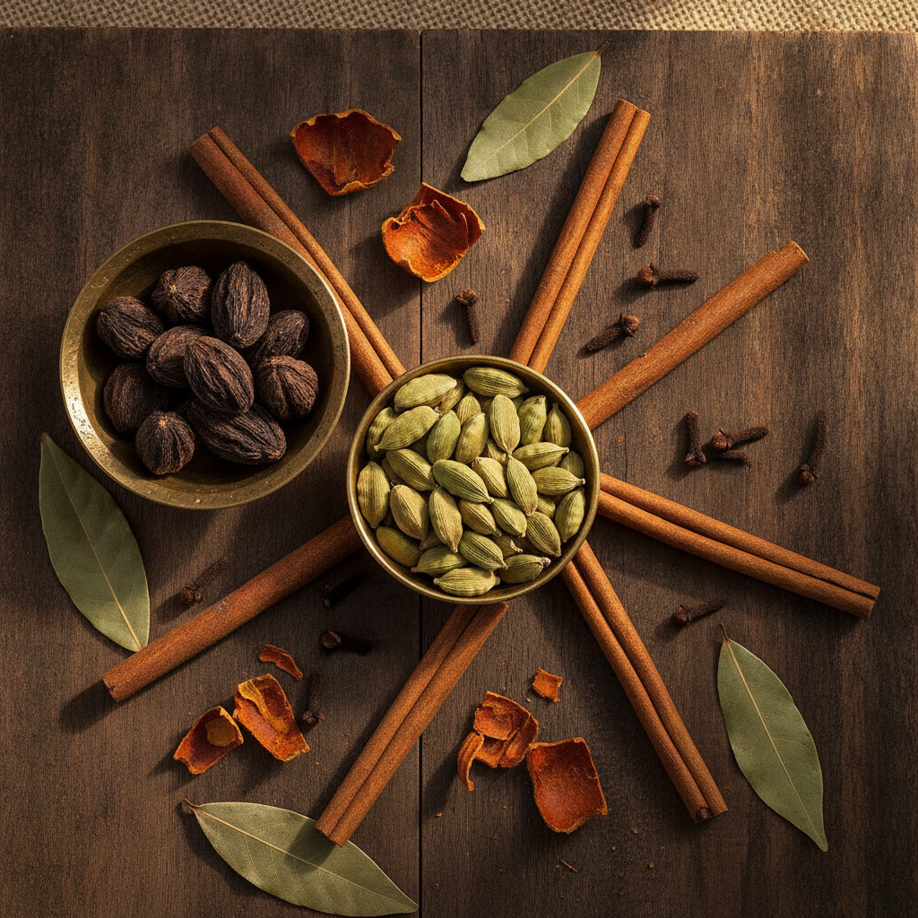 Whole garam masala spices - cardamom, cloves, cinnamon and bay leaves arranged on a wooden surface