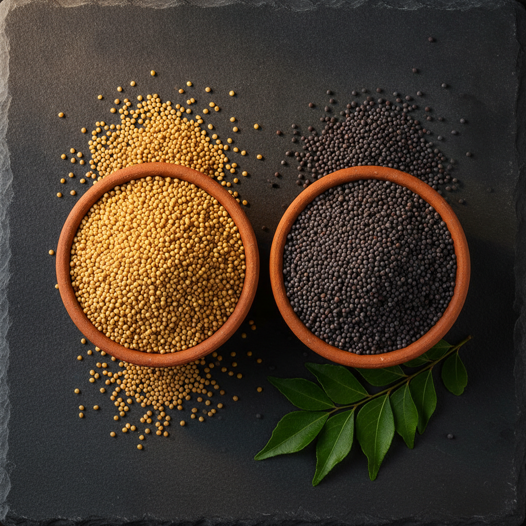 Golden yellow mustard seeds and black mustard seeds side by side in terracotta bowls with curry leaves