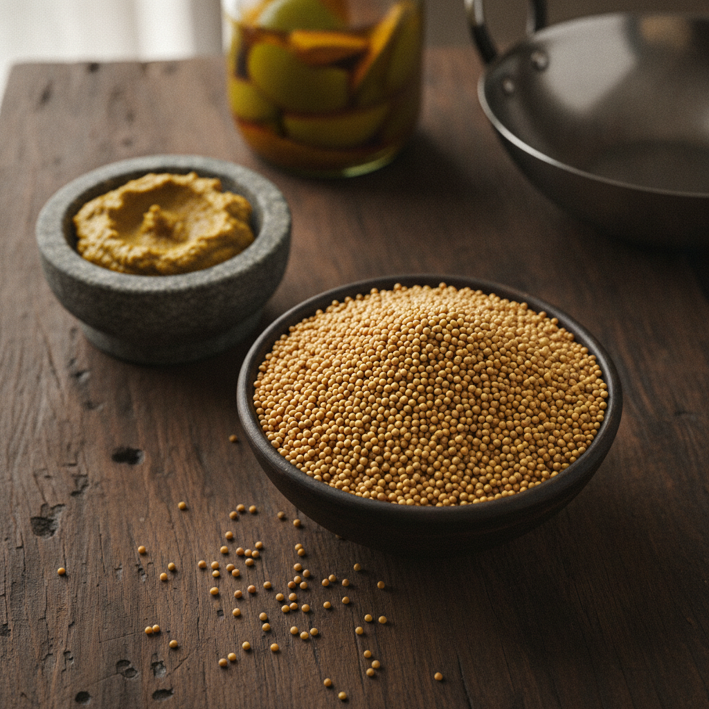 Yellow mustard seeds (peela sarso) in a dark ceramic bowl with a mortar and pestle of ground mustard paste and a jar of pickle on a wooden kitchen table