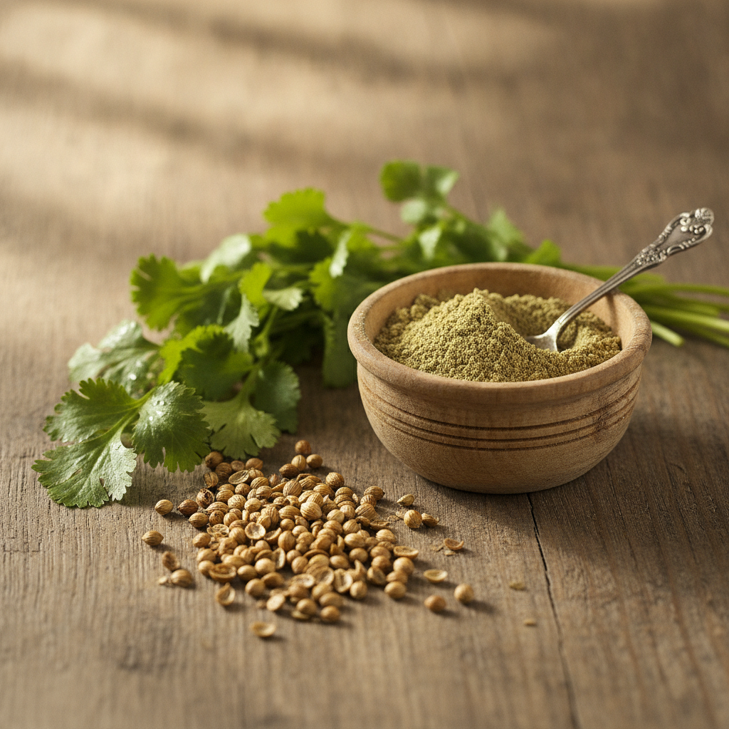 Fresh green coriander leaves with roasted coriander seeds and dhaniya powder in a wooden bowl