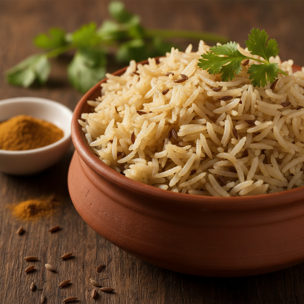 Golden jeera rice in a clay bowl with cumin seeds and jeera powder — ODM Masala