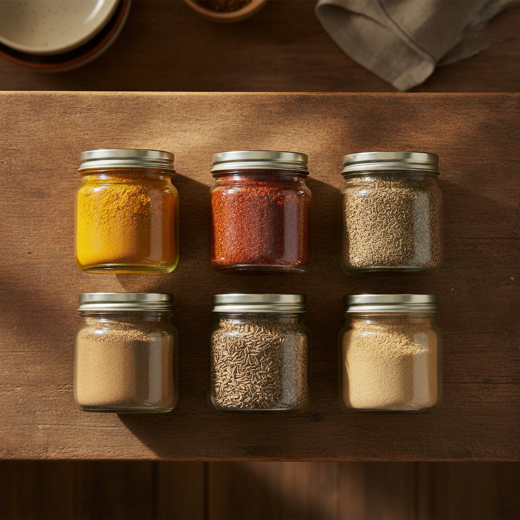 Colorful Indian spices stored neatly in airtight glass jars on a wooden kitchen shelf — turmeric, red chili, garam masala and cumin