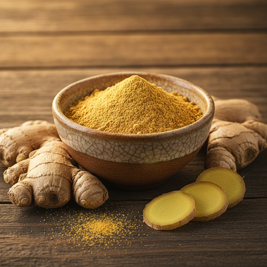 Golden dry ginger powder in a ceramic bowl with whole ginger roots on a dark wooden surface