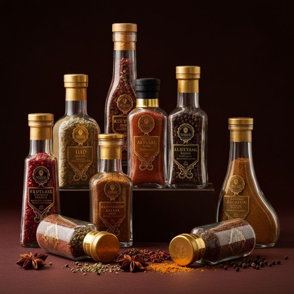 Premium spice collection artfully displayed on luxury setting